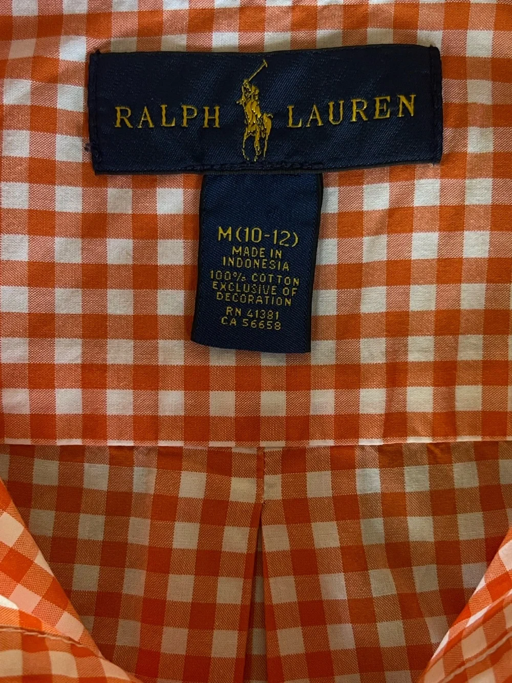 Ralph Lauren Boys Orange White Check Button Down Shirt Blue Pony GUC